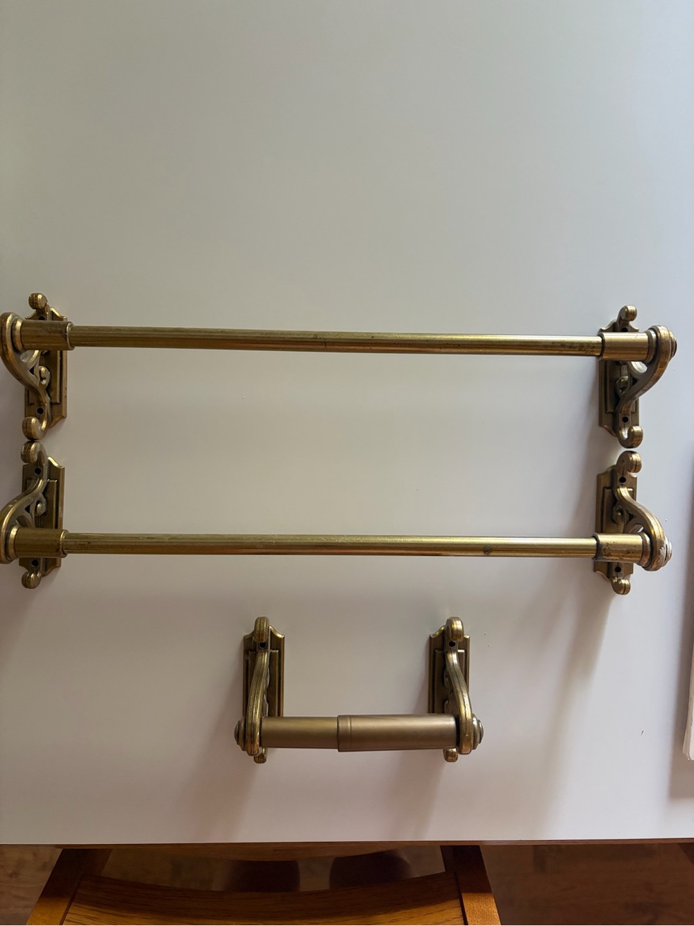 Antique Solid Brass Towel Bars with matching Toilet Paper Holder